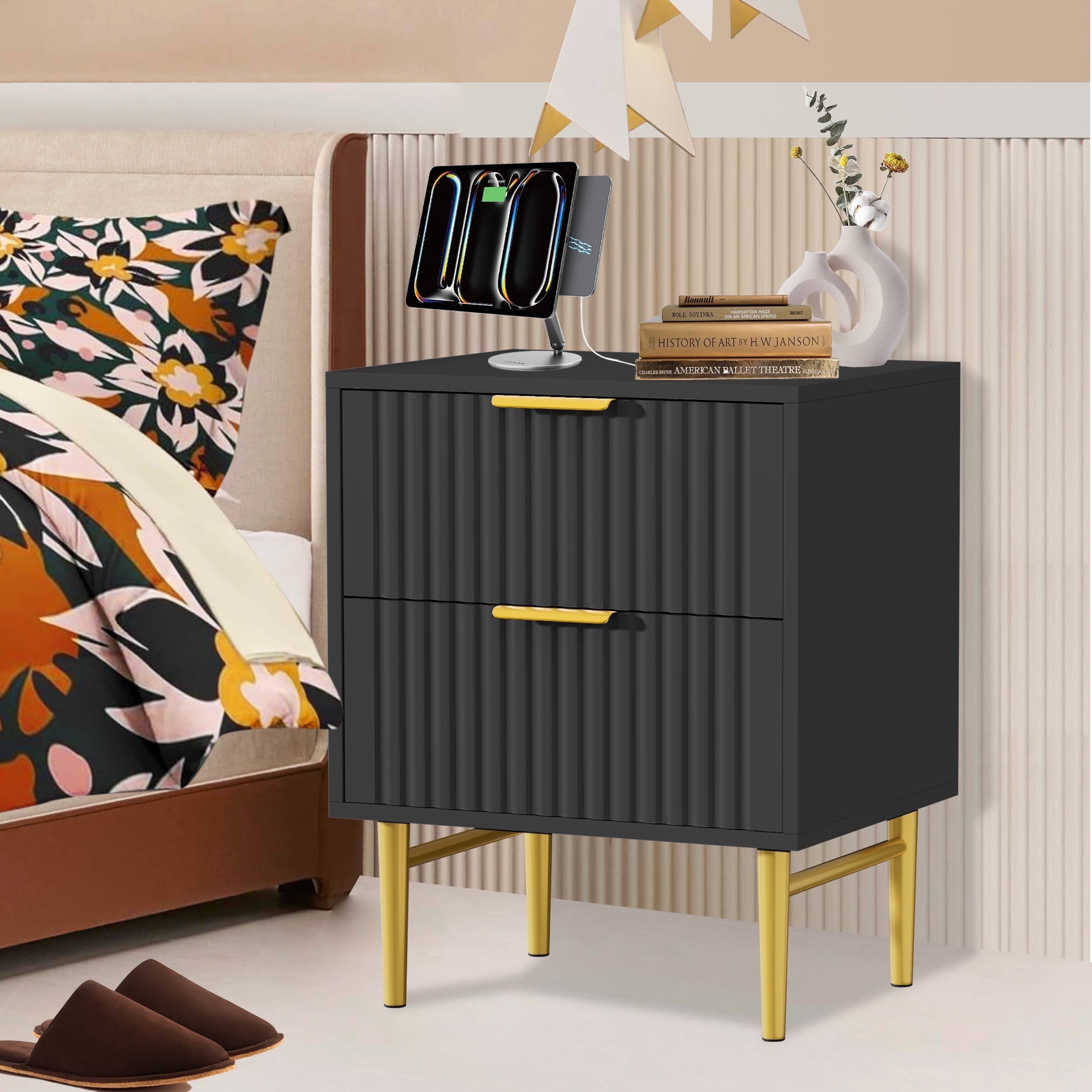 Black Fluted 2-Drawer Nightstand with Gold Accents