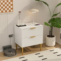 Glavbiku Modern Nightstand with Charging Station,Wood 2 Drawers Bedside Table in White,Adult,23.5"H