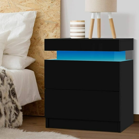 Glavbiku Modern Nightstand with Led Lights,Lift Top 2 Drawers Bedside Table,Black,Adult