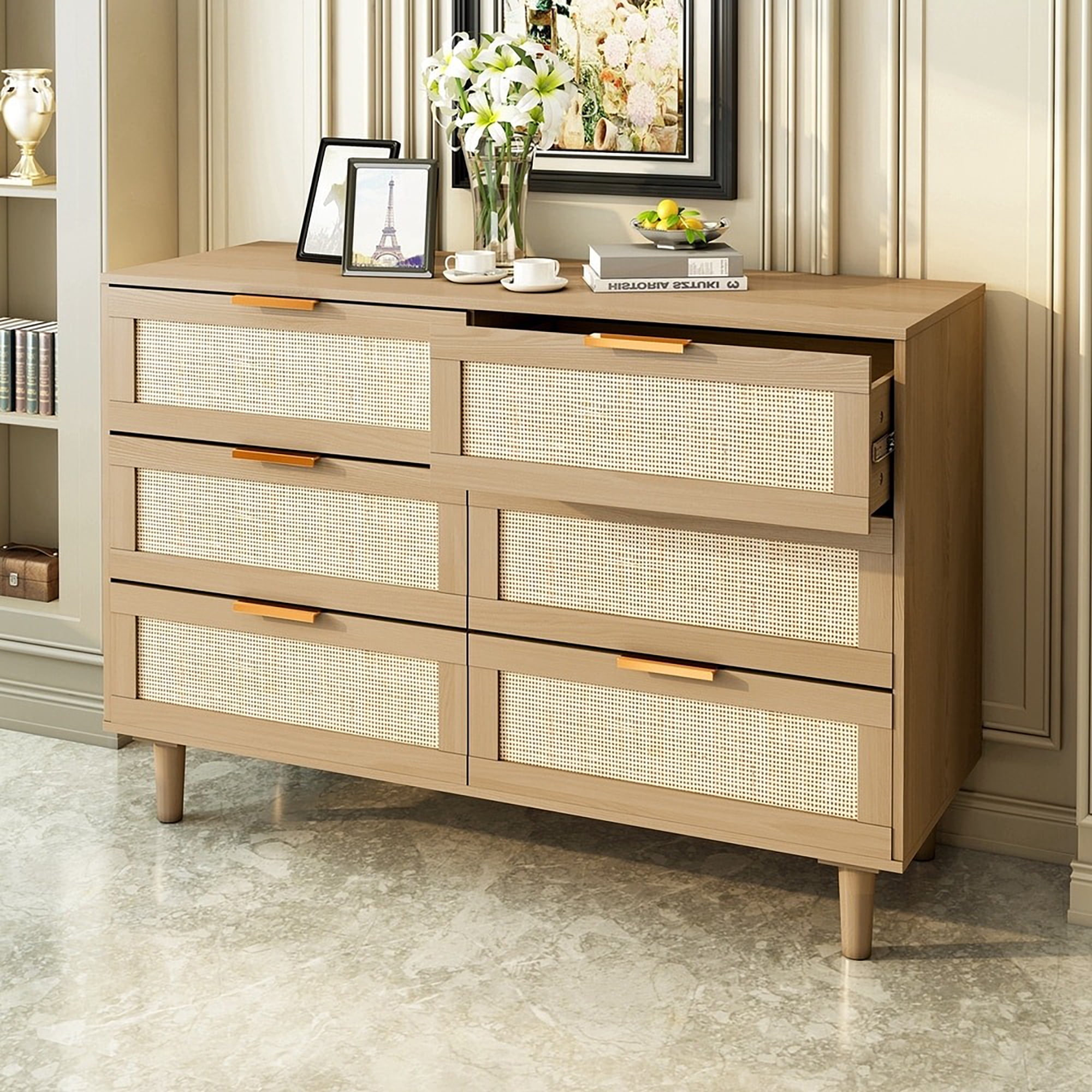 Glavbiku Modern 6 Drawers Rattan Dresser Table with Metal Handles for Bedroom,Natual
