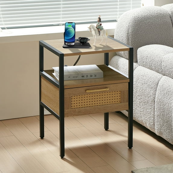 Glavbiku Modern Rattan Nightstand Power Outlet & USB Ports,Side Table for Bedroom,Natural,Adult