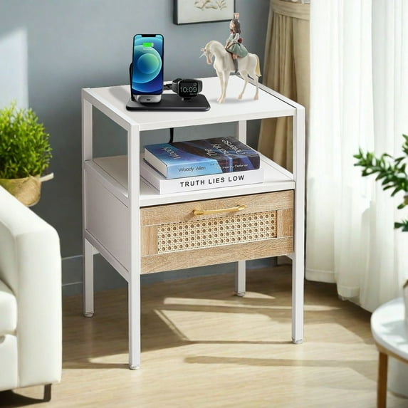 Glavbiku Modern Rattan Nightstand Power Outlet & USB Ports,Side Table for Bedroom,White,Adult