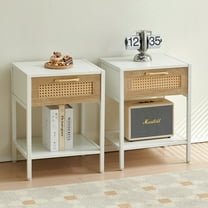 Glavbiku Modern Rattan Nightstand W/ Drawer,Metal Legs,Side Table for Bedroom,Set of 2 White,Adult