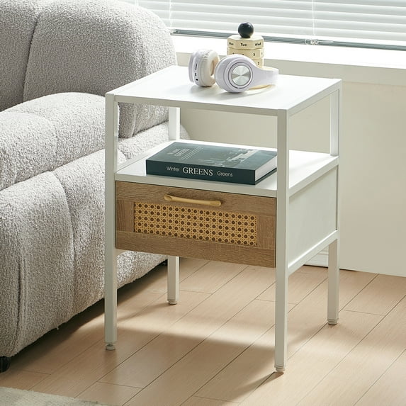 Glavbiku Modern Rattan Nightstand with Drawer,Metal Legs,Side Table for Bedroom,White,Adult