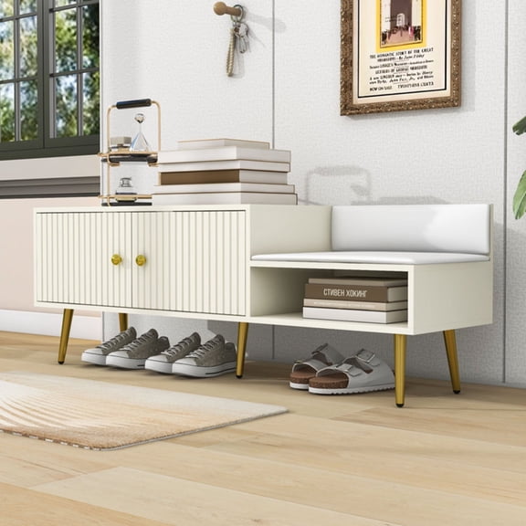 Glavbiku Modern Shoe Storage Bench with Cushioned Seat & Gold Legs,Shoe Rack for Entryway,Lvory