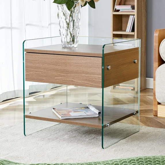 Glavbiku Modern Tempered Glass Frame Nightstand with Drawer & Shelves,Bedside Table in Brown Finish