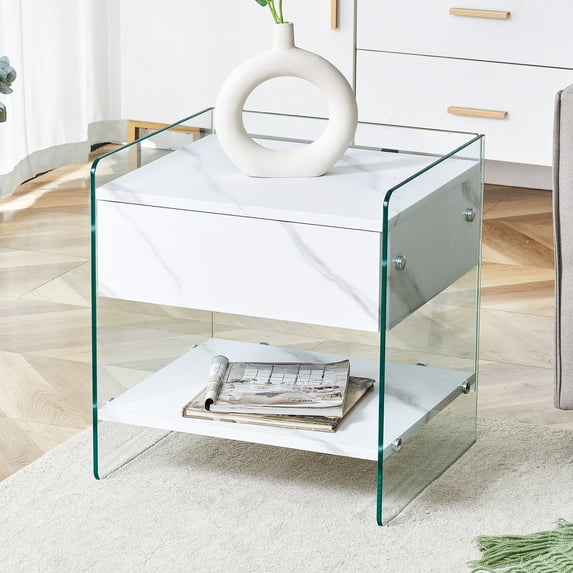 Glavbiku Modern Tempered Glass Frame Nightstand with Drawer & Shelves,Bedside Table in White Finish