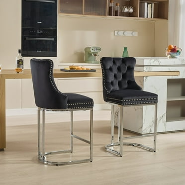 Glavbiku Modern Velvet Bar Counter Bar Stools Set of 2,Barstool with Rivet & Metal Legs,Black