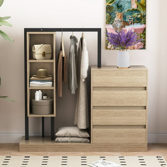 Glavbiku Modern Wardrobe with 4 Drawers, 3 Shelves,Hanging Rod,Closet Storage Armoires,Natral