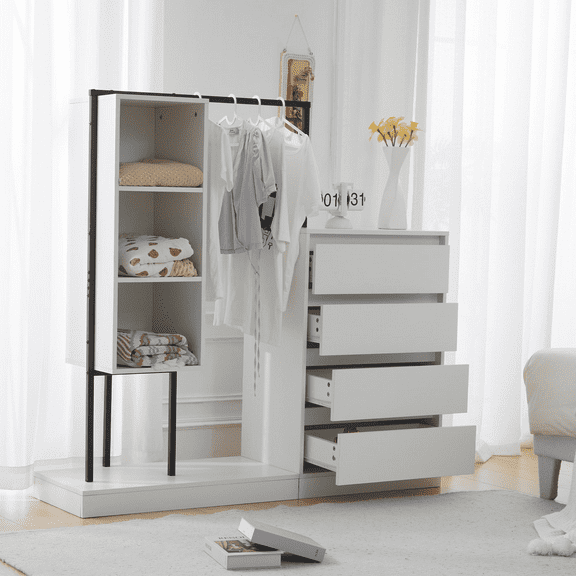 Glavbiku Modern Wardrobe with 4 Drawers, 3 Shelves,Hanging Rod,Closet Storage Armoires,White