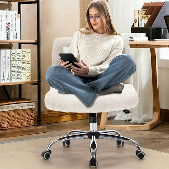 Glavbiku Modern Wide Cross Legged Home Office Chair with Wheel,Adjustable Height Armless Chair,Beige