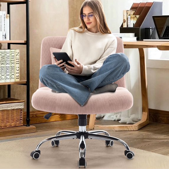 Glavbiku Modern Wide Cross Legged Home Office Chair with Wheel,Adjustable Height Armless Chair,Pink