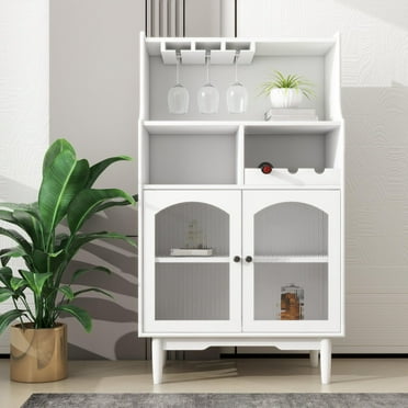 Glavbiku Modern Wine Cabinet with 4 Shelve,Buffet Sideboard with 2 Glass Door for Living Room,White