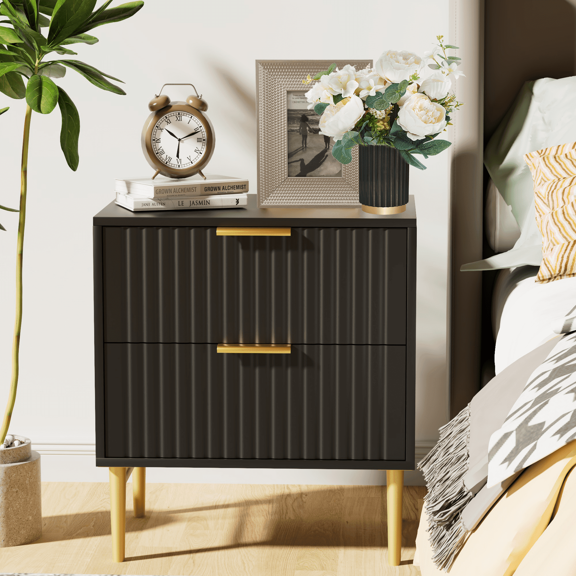 Glavbiku Modern Wood 2 Drawers Nightstand,Vintage Bedside Table for Bedroom,Black,Adult,23.5" H