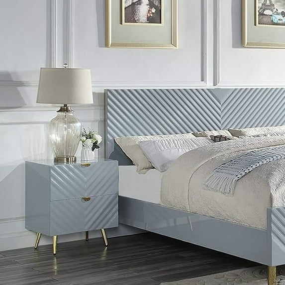 Glavbiku Modern Nightstand with 2 Drawers,Bedside Table with Gold Legs Gray High Gloss Finish,Adult