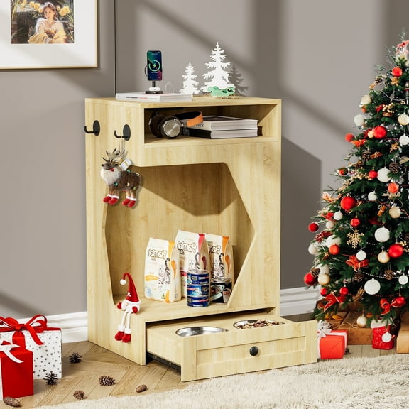 Glavbiku Multifunctional Side Table with Charging Station, Integrated Pet Food Bowl for Small Cats and Dogs