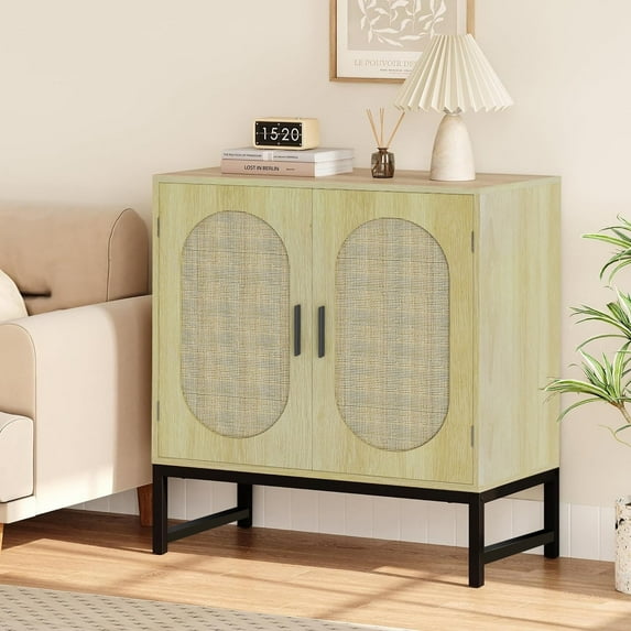 Glavbiku New Modern 2 Rattan Arched Door Sideboard,Accent Cabinet with Metal Leg,Light Oak,31in L