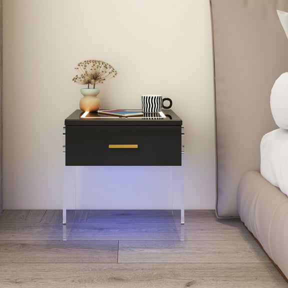 Glavbiku Nightstand with 1 Drawer,Acrylic Base USB Wireless Charging Station for Home,Adult,Black