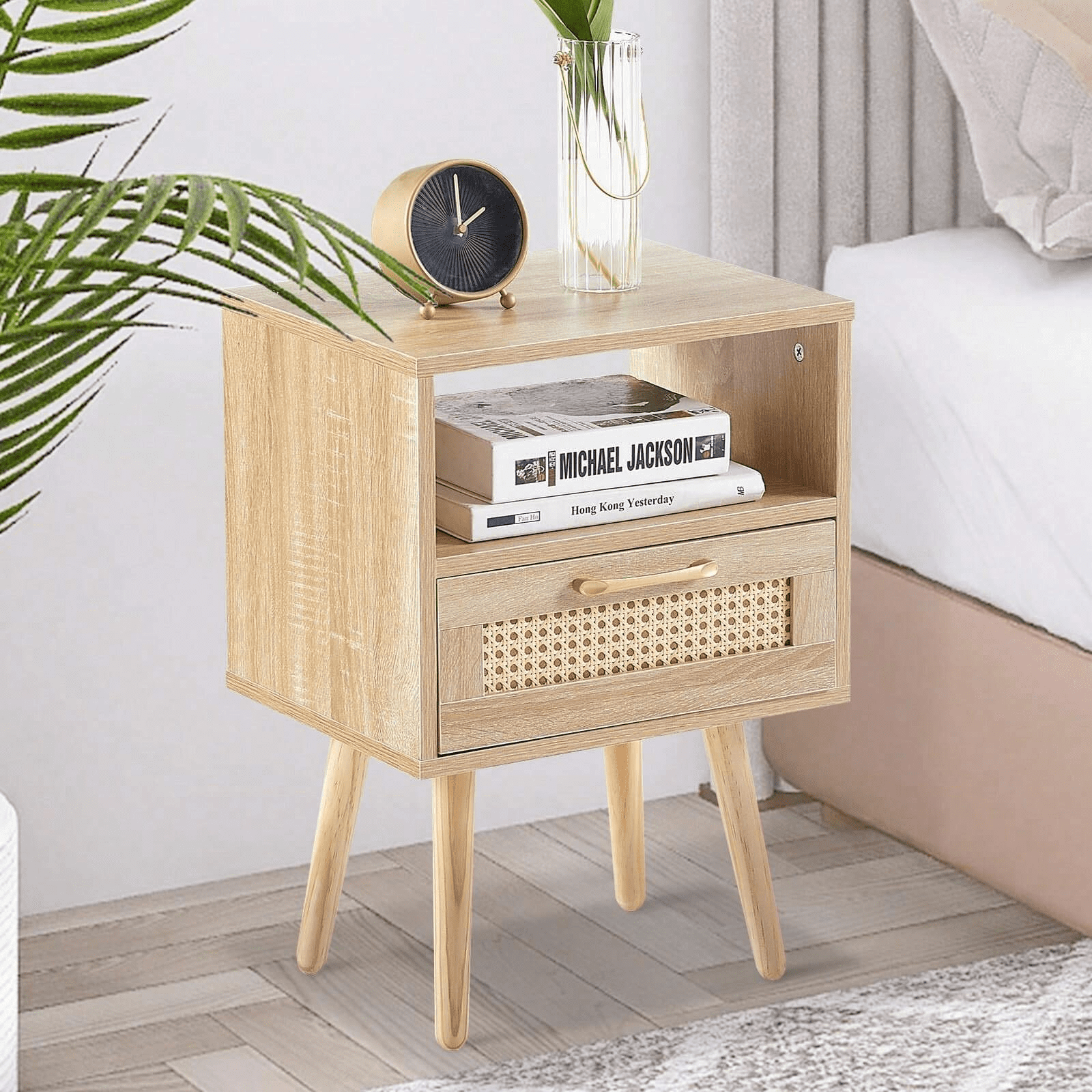 Glavbiku Nightstand with 1 Drawer and Solid Wood Leg,Bedside Table for