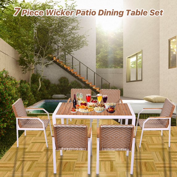Glavbiku Outdoor Dining Table Set,Patio 7 Piece Wicker Furniture Set with 6 Chair for Garden,Brown