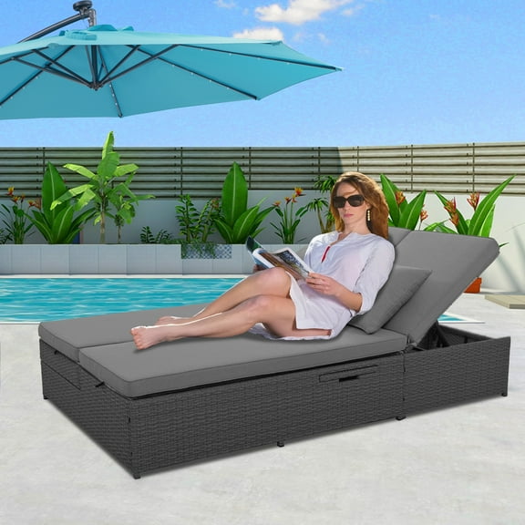 Glavbiku Outdoor Double Sunbed - Adjustable Rattan Reclining Chairs,2-Person Patio Furniture Set