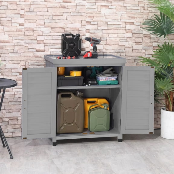 Glavbiku Outdoor Potting Bench with Storage Cabinet,Work Station Table with Metal Table Top,Gray