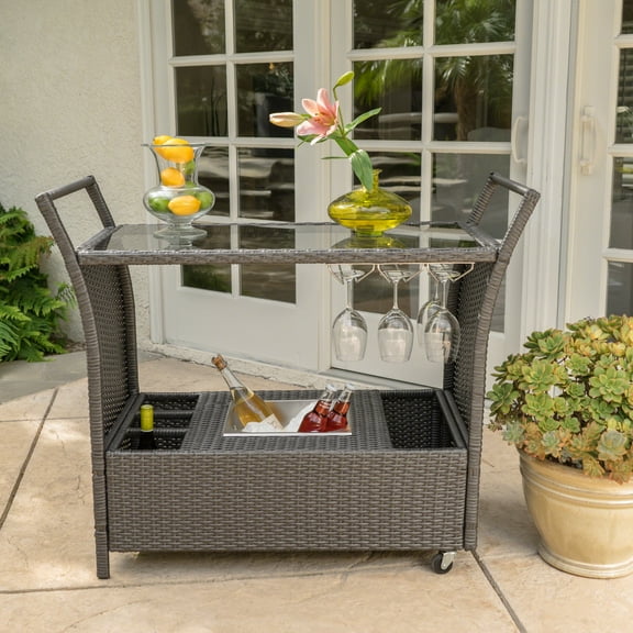Glavbiku Outdoor Wicker Bar Cart with Tempered Glass Top,Serving Cart for Garden,Gray