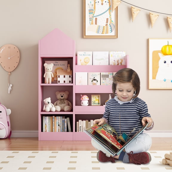 Glavbiku Pink Kids Wood Bookshelf & Toy Organizer,6 Compartment,2 Basket,Multi-Shelf Storage Cubby