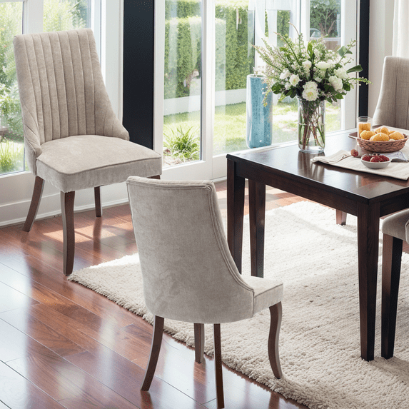 Glavbiku Retro Rayon Cloth Flocking Dining Chairs Set of 2,Curved Solid Wood Leg Accent Chair for Dining Room,Beige