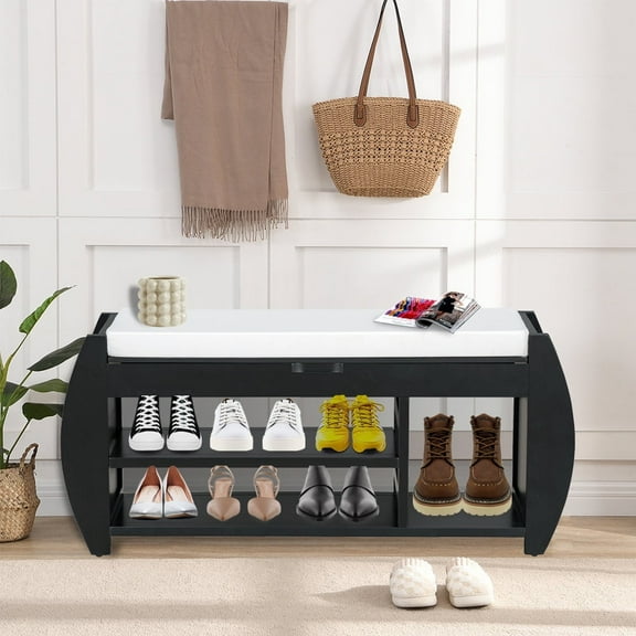 Glavbiku Retro Shoe Storage Bench W/ Cushioned Seat,7 Pairs of Shoe Organizer for Entryway,Adult