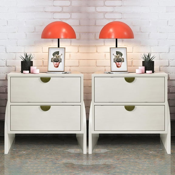 Glavbiku Retro Wood 2 Drawer Nightstand Set of 2 Bedside Table End Table for Bedoom Adult,White