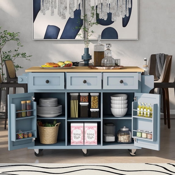 Glavbiku Rolling Kitchen Cart with Drop-Leaf Countertop,Island Cart with 3 Drawer for Kitchen,Blue