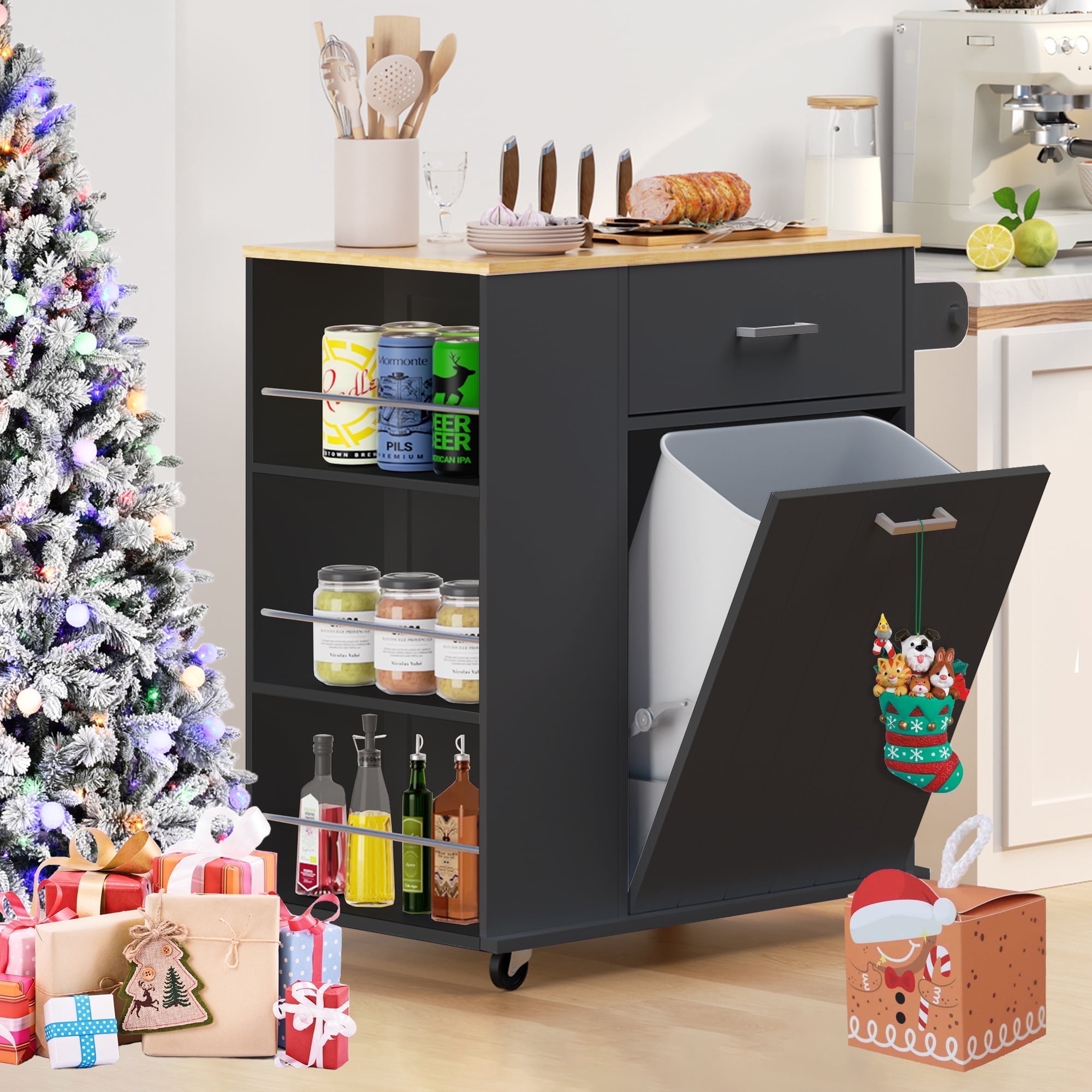 Glavbiku Rolling Kitchen Island Cart with Tilt-Out Trash Bin Cabinet & Drawer for Kitchen,Black