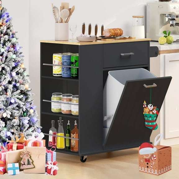 Glavbiku Rolling Kitchen Island Cart with Tilt-Out Trash Bin Cabinet & Drawer for Kitchen,Black