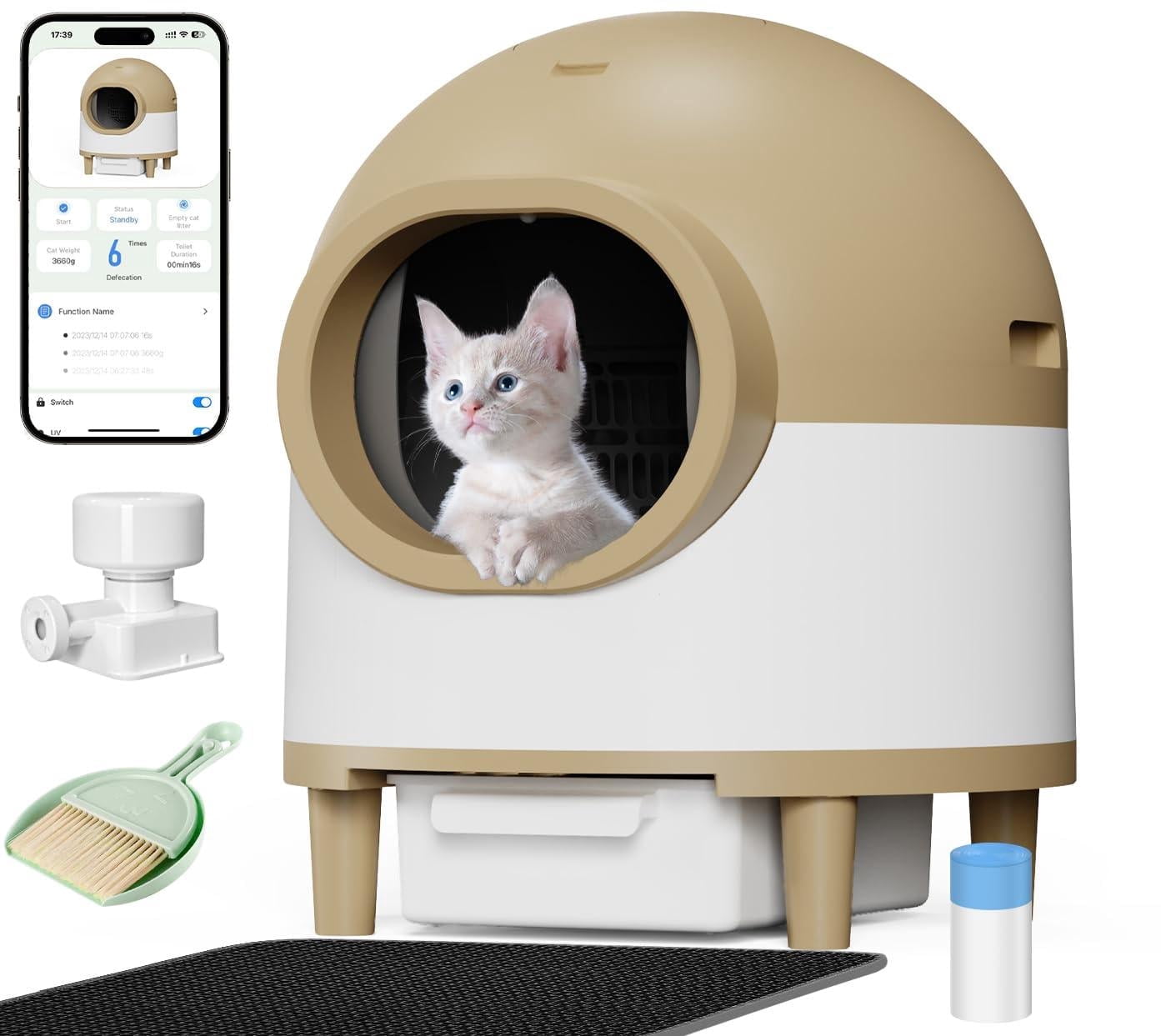 Glavbiku Self Cleaning Cat Litter Box,Cat House Smart App Control,Odor Removal,Low Noise,Brown