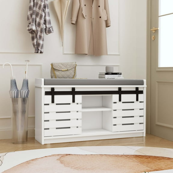 Glavbiku Shoe Storage Bench with Sliding Barn Door & 2 Adjustable Shelves for Entryway,White,36"L
