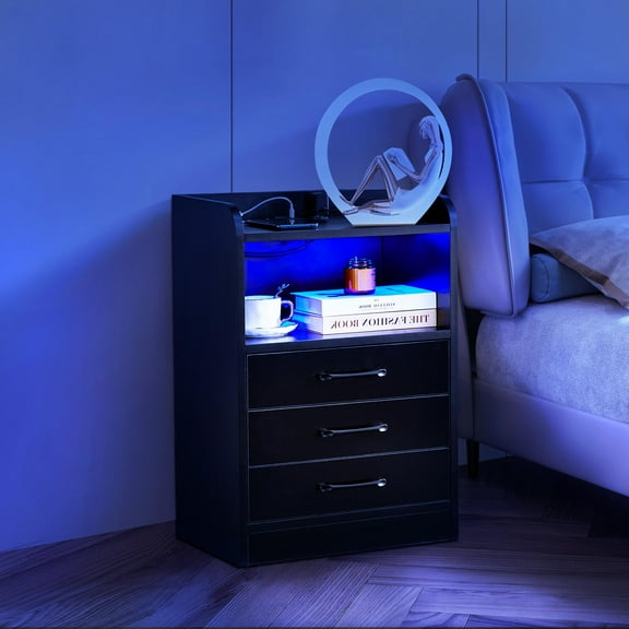 Glavbiku Smart LED Light 3 Drawers Nightstand in Black Finish with USB Port & Power Outlets,Adult