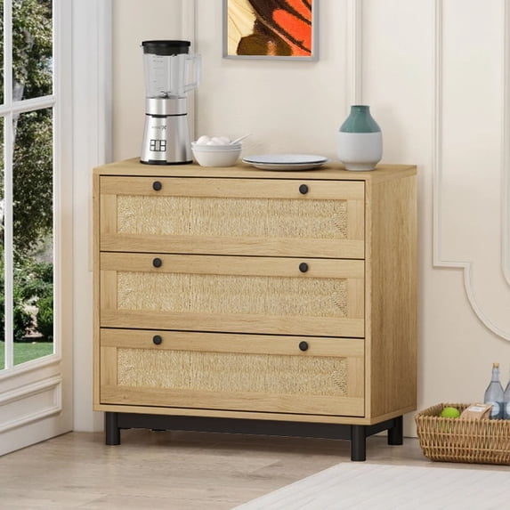 Glavbiku Storage Cabinet with Rope Woven Drawer,Accent Cabinet,3Drawer Dresser for Living Room,Oak