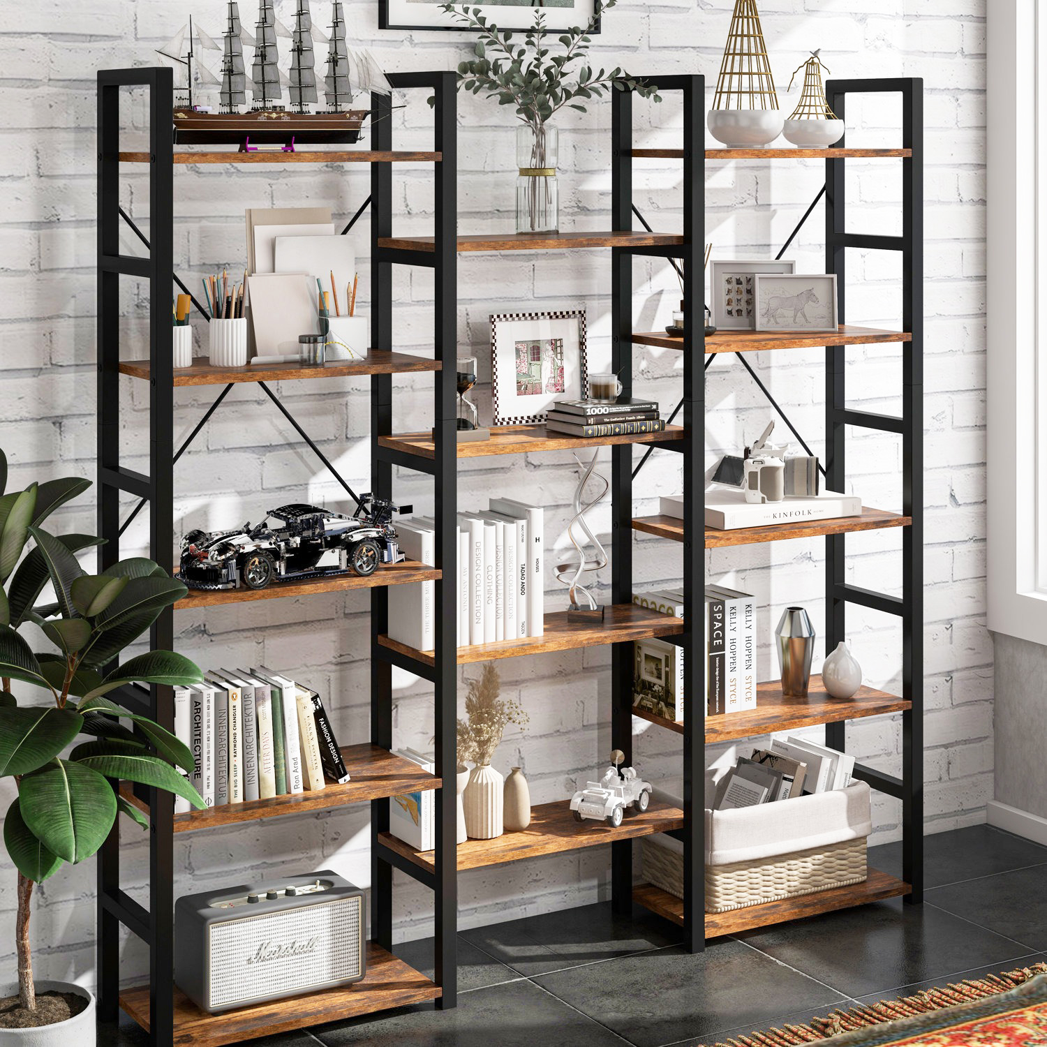 Glavbiku Triple Wide 5 Shelf Bookshelves,Wooden Home and Office Storage ...