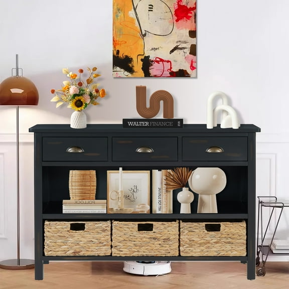 Glavbiku Vintage Console Table with 3 Drawer & 3 Woven Basket,Accent Side Table for Entryway,Black