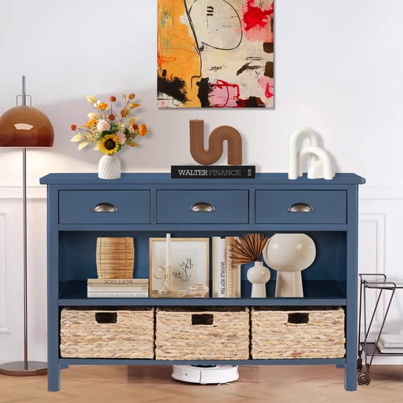 Glavbiku Vintage Console Table with 3 Drawer & 3 Woven Basket,Accent Side Table for Entryway,Blue