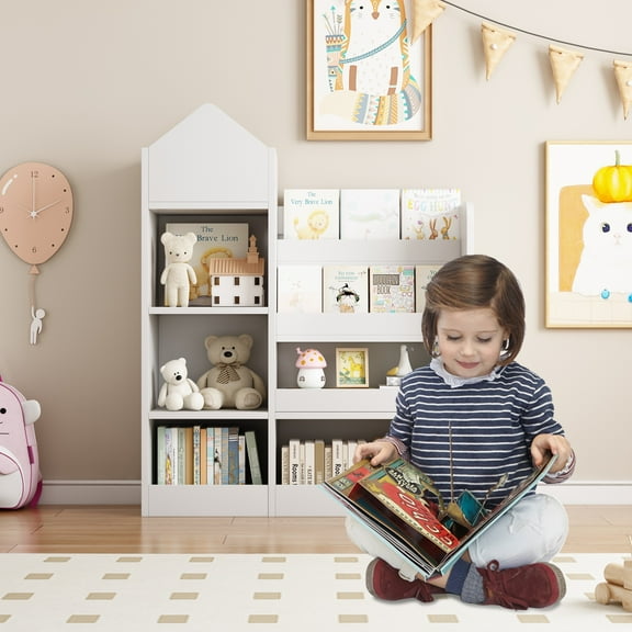 Glavbiku White Kids Wood Bookshelf & Toy Organizer,6 Compartment,2 Basket,Multi-Shelf Storage Cubby