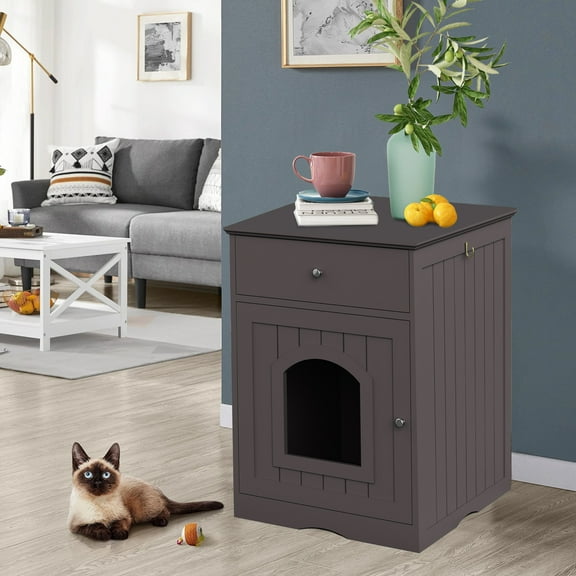 Glavbiku Wood Indoor Cat Litter Box Furniture Enclosure with Drawer,Side Table Pet Cabinet,Espresso