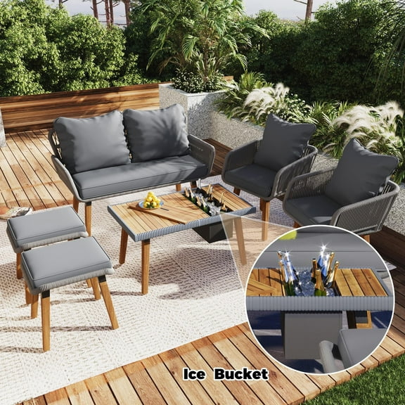 Glavbiku Wood Outdoor Furniture Set,6 Seats Patio Couch,Garden Cool Bar Table with Ice Bucket,Gray