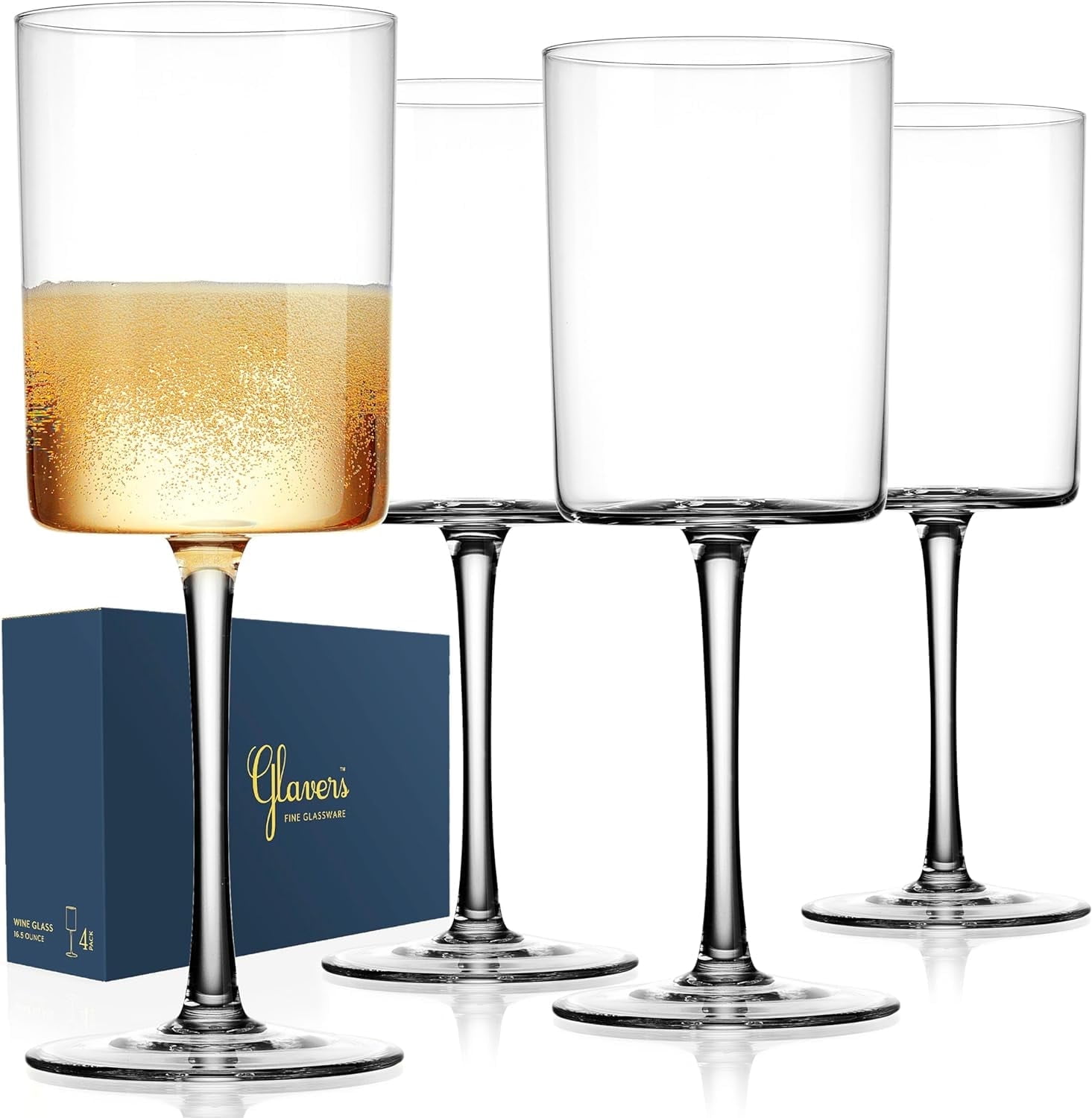 Glavers Square Wine Glasses Thin-Stemmed Crystal Glass Set for Red and White Wine, 16 oz 4-Pack