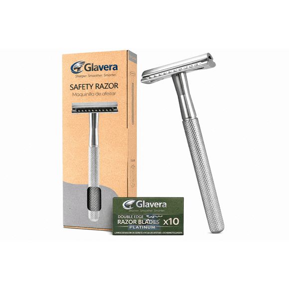 Glavera Double Edge Safety Razor for Men & Women, Metal Handle with 10 Double Edge Razor Blades, Reusable Manual Shaving Razor Silver