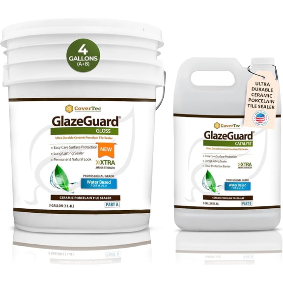 CoverTec GlazeGuard Gloss Floor Sealer Wall Sealer for Ceramic, Porcelain, Stone Tile Surfaces (Prof Grade - 2 Part Kit A+B = 4 Gal)