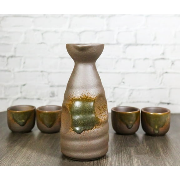 Glazed Ceramic Abstract Clay Brown Japanese Sake Tokkuri Flask And 4 Cups Set