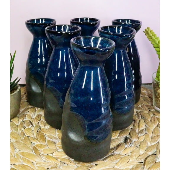 Glazed Ceramic Blue And Black Japanese Wine Sake Tokkuri Flask Pack of 6 Flasks