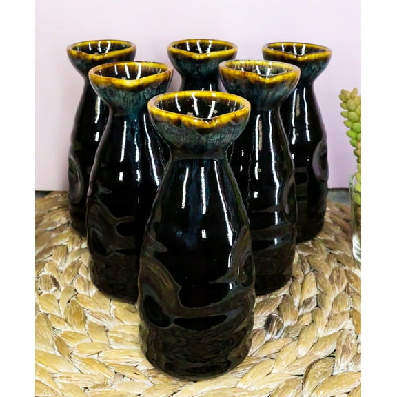 Glazed Ceramic Brown Waterfall Japanese Wine Sake Tokkuri Flask Pack of 6 Flasks